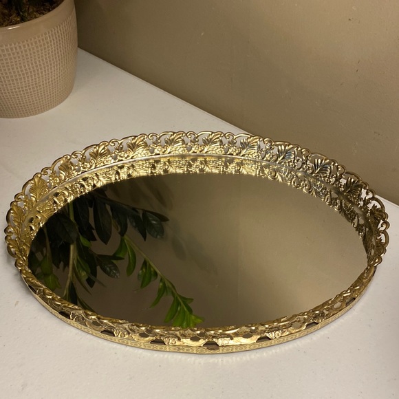 Storage & Organization Vintage Metal Oval Vanity Mirror Tray Leaf